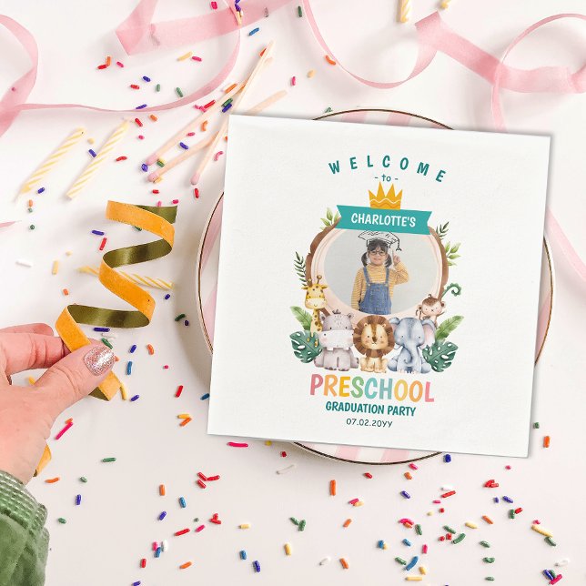 Djurbarn Preschool Studenten Firande Pappersservett (Animal Kids Preschool Graduation Celebration Napkins)