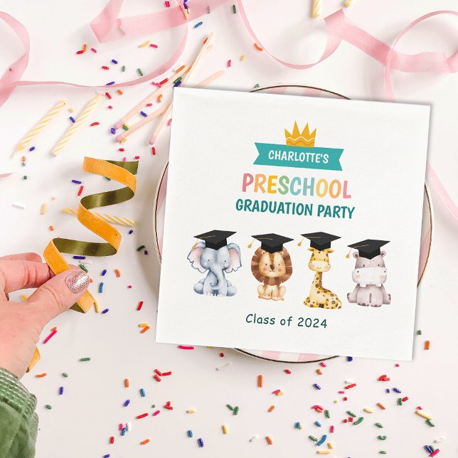 Djurbarn Preschool Studenten Firande Pappersservett (Animal Kids Preschool Graduation Celebration Napkins)
