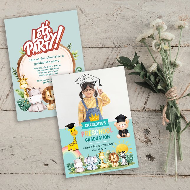 Djurbarn Preschool Studentfest Inbjudan (Animal Kids Preschool Graduation Party Invite)