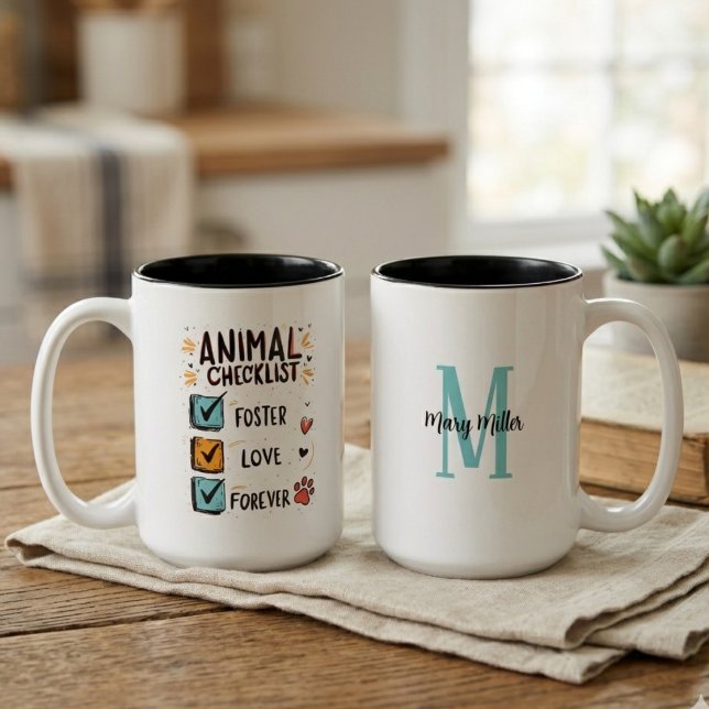 Djurchecklista Monogram Två-Tonad Mugg (Animal checklist monogram mug for pet foster parents celebrating rescue adoption.)