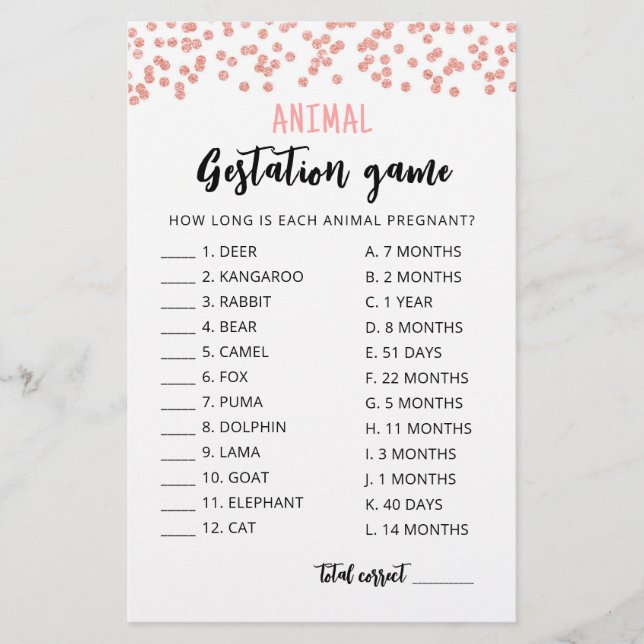 Djurdräktighet med svar Baby Shower Lek (Framsida)