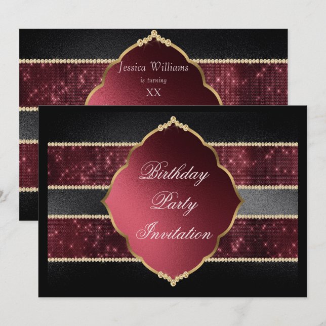Djuren Classy Red, Black & Guld Decorated Birthday Inbjudningar (Fram/baksida)