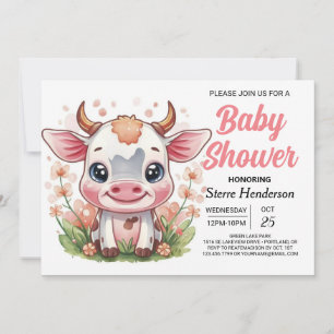 Djuren Digital Rosa Cow Baby Shower Inbjudningar