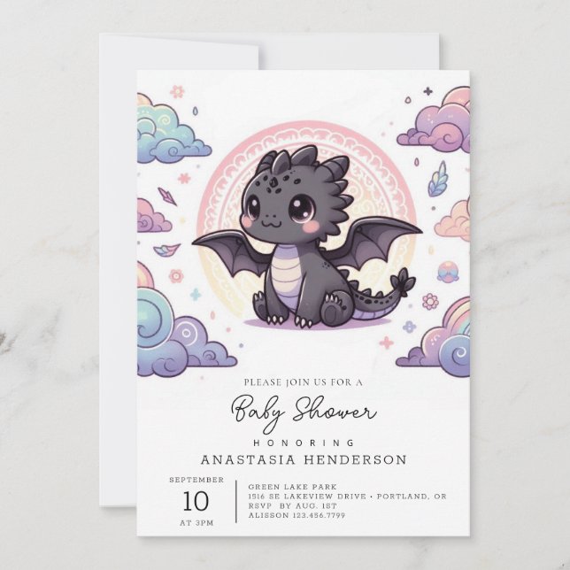 Djuren Dragon Baby Shower med vit Elegant Inbjudningar (Framsida)