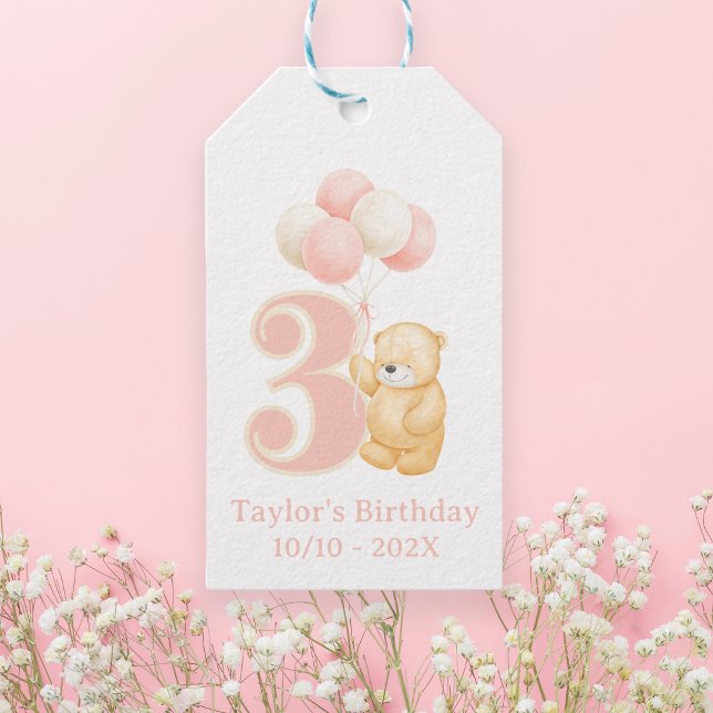 Djuren födelsedag 3 år gammal Rosa Bear namn Presentetikett (Birthday tag for girl turning 3 years old, Favor Tag, Whimsical Pink teddy bear with balloons)