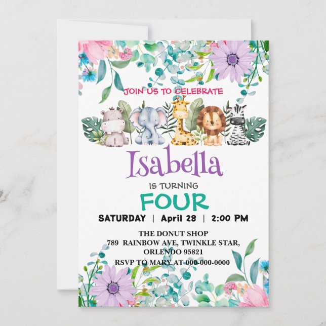 Djuren från Cute Flower zoo djle Animals Birthday  Inbjudningar (Framsida)
