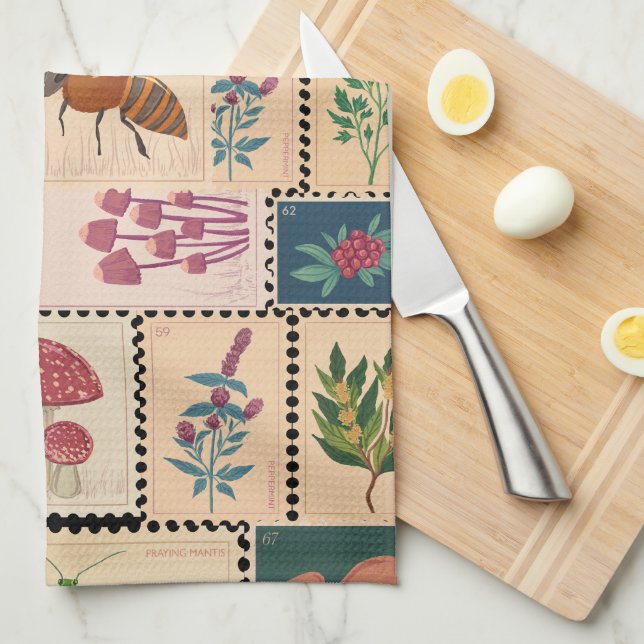 Djuren från frimärke och botaniska djur under det  kökshandduk (Vikt i Fjärdedel)