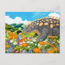 Djuren picknic med dinosaur på ängen helg vykort