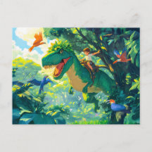 Djuren rider T-Rex i djungel och fåglar