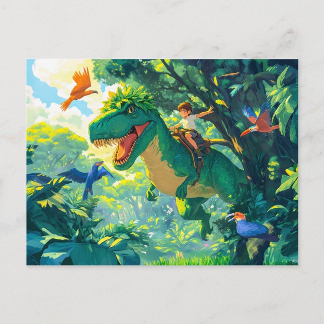 Djuren rider T-Rex i djungel och fåglar Helg Vykort (Framsida)