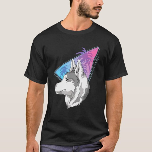 Djuren Vaporwave 80s Synthwave Hund Pet Siberian H T Shirt (Framsida)