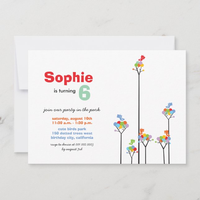 Djuren vid Färg är fågelfåglar Träd Kids 6e födels Inbjudningar (Framsida)