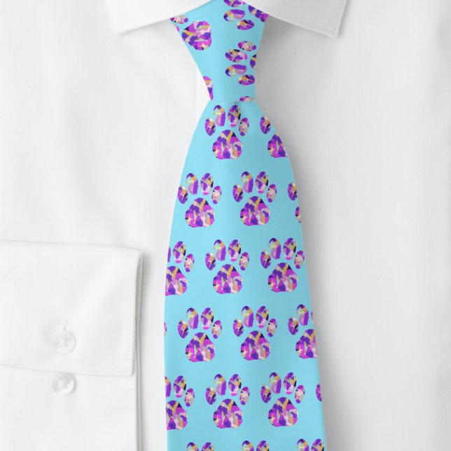Djurens Tass Silhouette-Lila Rosa på Blue Nacke Slips (Paws pattern blue tie)