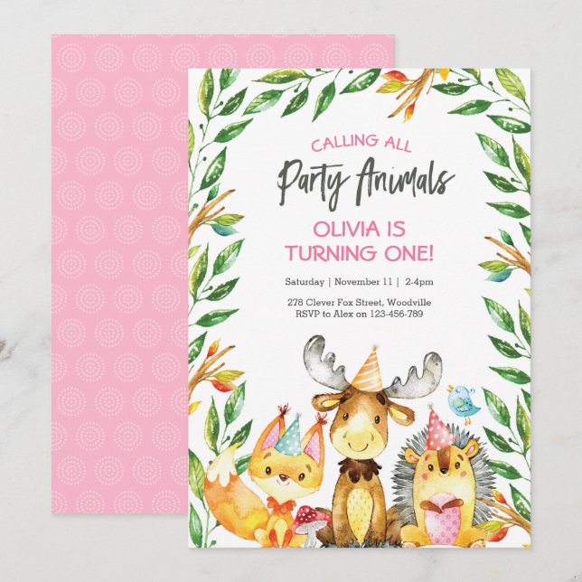 Djurets födelsedagsinbjudan till Cute party Inbjudningar (Fram/baksida)
