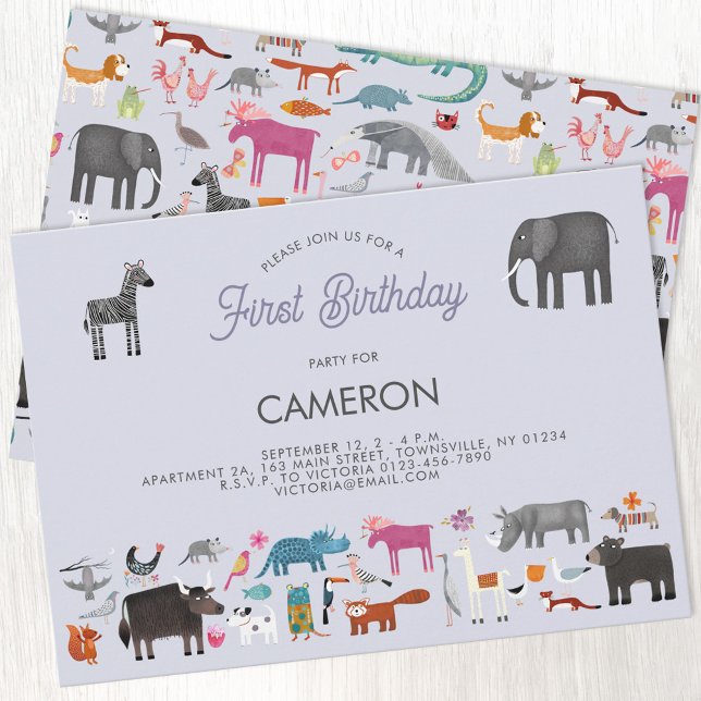 Djurets första födelsedag inbjudningar (Fun animal menagerie personalized custom kid's first birthday invitation)