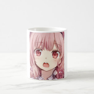 Djurets rosa-hårade flicka plum ögon skrämt kaffe kaffemugg