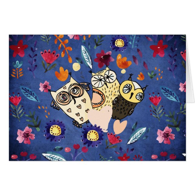 Djurfamiljen lycklig Bird Uggla i Blomsterträdgård Hälsningskort (Framsidan Horizontal)