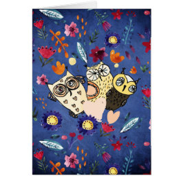 Djurfamiljen lycklig Bird Uggla i Blomsterträdgård Hälsningskort