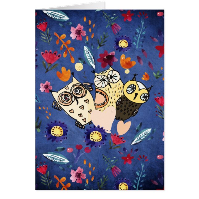 Djurfamiljen lycklig Bird Uggla i Blomsterträdgård Hälsningskort (Framsidan)