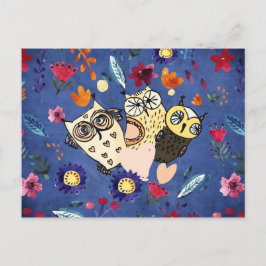 Djurfamiljen lycklig Bird Uggla i Blomsterträdgård Vykort