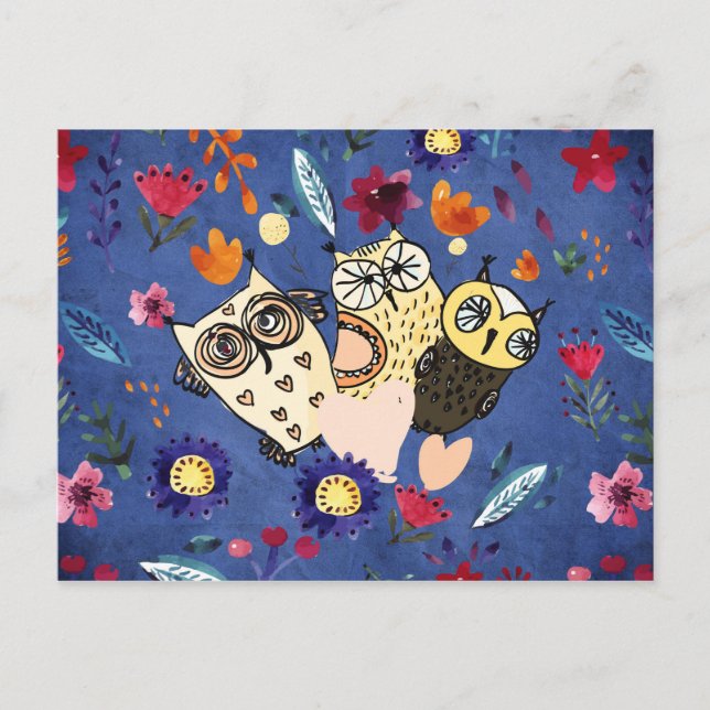 Djurfamiljen lycklig Bird Uggla i Blomsterträdgård Vykort (Framsida)