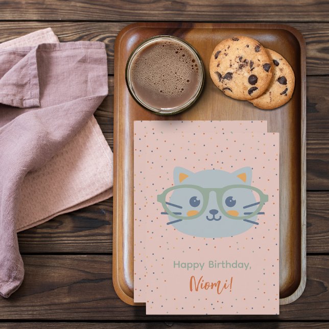 Djurfödelsedag: färgade punkter (Farm Animal Birthday Card Cat Pink Background Colorful Dots)