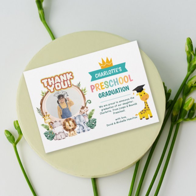 Djurförskolefoto Studenten - tack för ditt kort (Animal Preschool Photo Graduation Thank You Card)