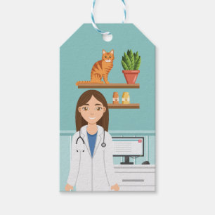 Djurklinik Kvinna Veterinär Flicka Med Orange Katt Presentetikett