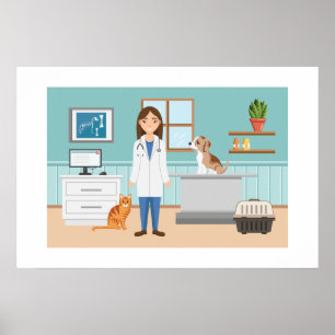 Djurklinik Veterinär Kvinna Med Katt Och Valp Poster