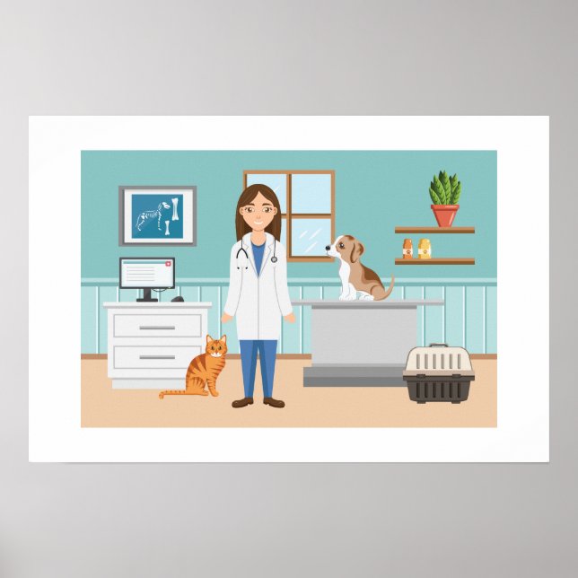 Djurklinik Veterinär Kvinna Med Katt Och Valp Poster (Framsidan)