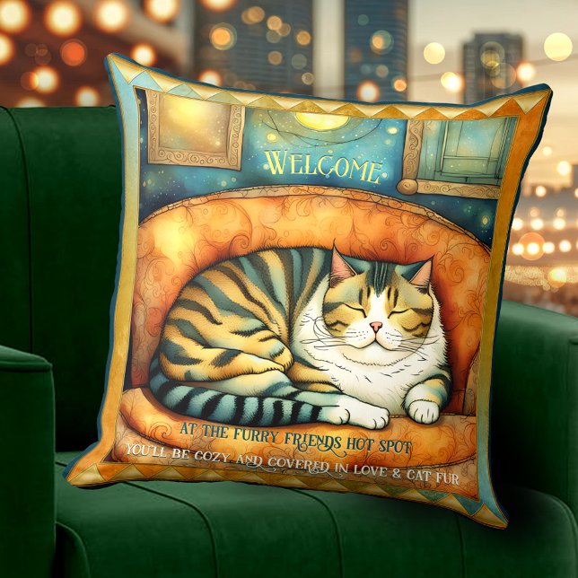 Djurkonst i Kattunge Kudde (Bohemian cat pillow featuring a painting of a cute colorful kitty with your own texts)