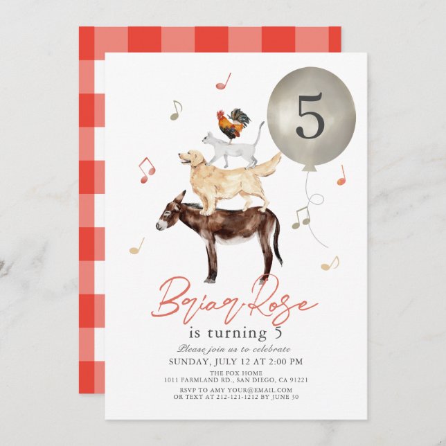 Djurmusiker Fairytale Barn Birthday Inbjudningar (Fram/baksida)