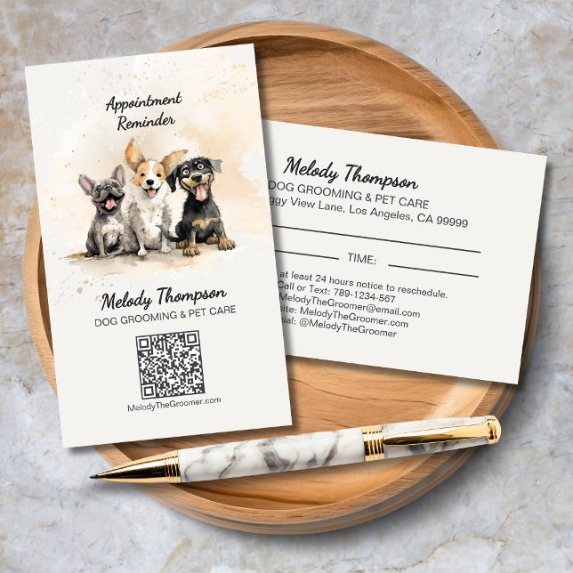 Djuromsorg Möte påminnelse om Cute Hund Groomer Visitkort (Cut Dog Groomer Pet Care Appointment Reminder Business Card with Dog Trio, QR Code, Website.)