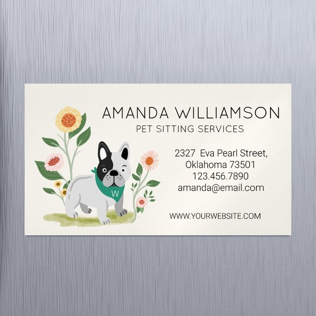 Djuromsorga Franskar för tjänsten Cute Blommigt Bu Magnetiska Visitkort (Cute Floral French Bulldog Pet Care Services Business Card Magnet)