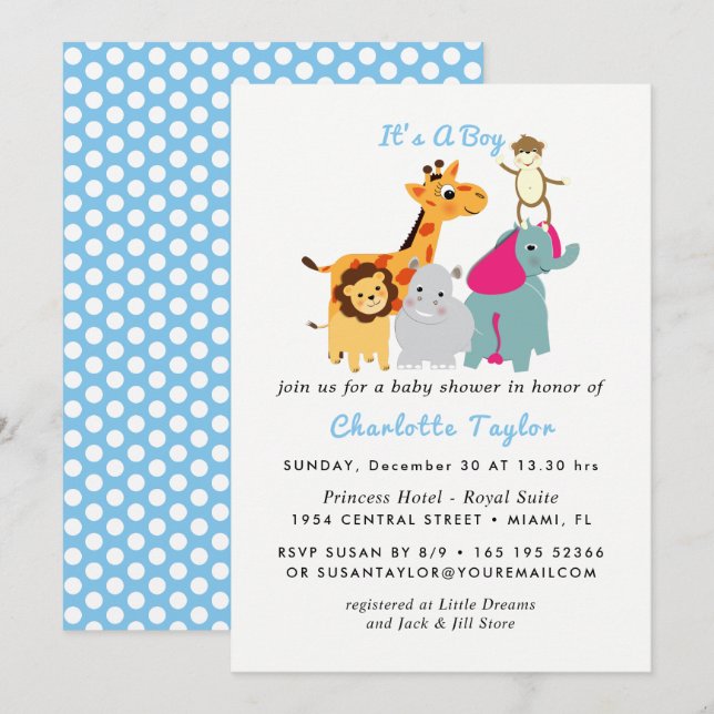 Djurparksdjur i Stollig Cute Boys Baby Shower Inbj Inbjudningar (Fram/baksida)