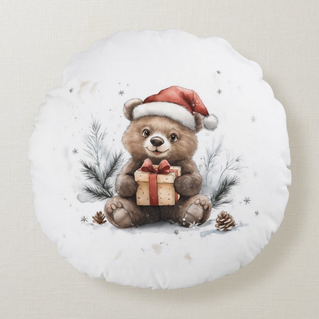 Djurs julserie Baby Bear Santa Hat Rund Kudde (Framsidan)