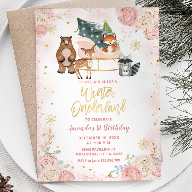 Djurskogar Rosa Winter Onederland Birthday Inbjudningar (Skapare uppladdad)
