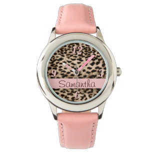 Djurt mönster, brunt, rosa, monogram armbandsur