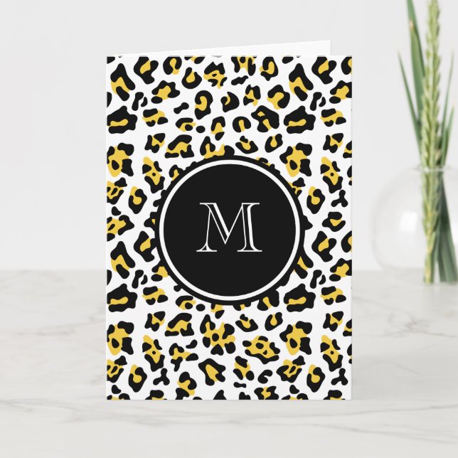 Djurt tryck för gul svart Leopard med monogramen Anteckningskort (Framsida)