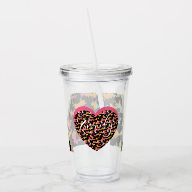 Djurtryck Fals Folie Monogram Rosa Namn Akryl Take Away Mugg (Vänster)