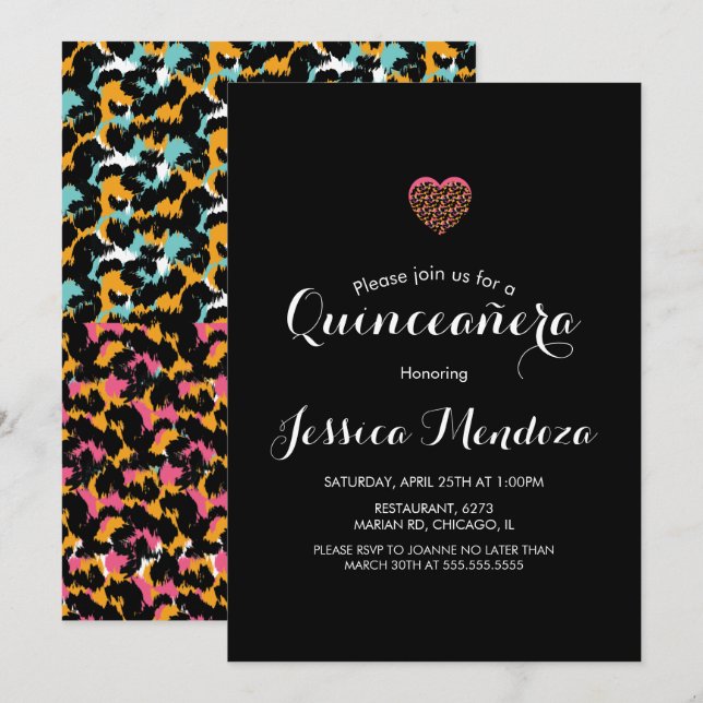 Djurtryck Hjärtformad Quinceañera Söt 16 Inbjudan (Fram/baksida)