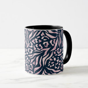 Djurtryck, leopard, tiger, blått, rosa, skinn. mugg