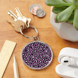 Djurtryck, Lila Leopard, Cheetah Spots, Heart Rund Silverfärgad Nyckelring