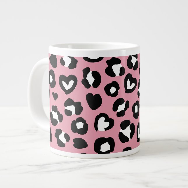 Djurtryck, Rosa Leopard, Cheetah Spots, Hearts Jumbo Mugg (Framsida vänster)