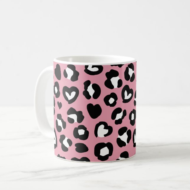 Djurtryck, Rosa Leopard, Cheetah Spots, Hearts Kaffemugg (Framsida vänster)
