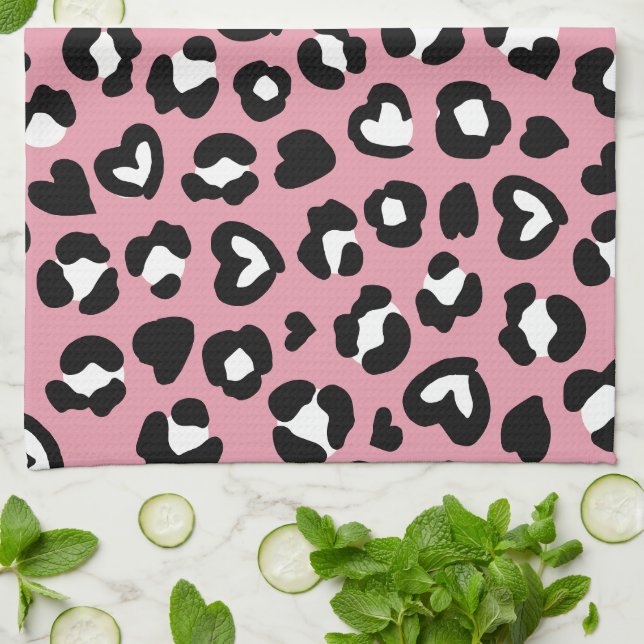 Djurtryck, Rosa Leopard, Cheetah Spots, Hearts Kökshandduk (Vikta)
