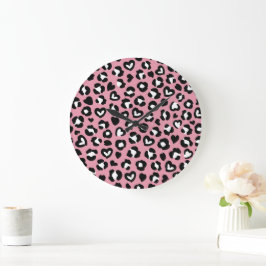 Djurtryck, Rosa Leopard, Cheetah Spots, Hearts Stor Klocka