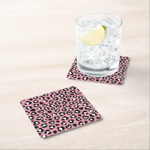 Djurtryck, Rosa Leopard, Cheetah Spots, Hearts Underlägg Papper Kvadrat