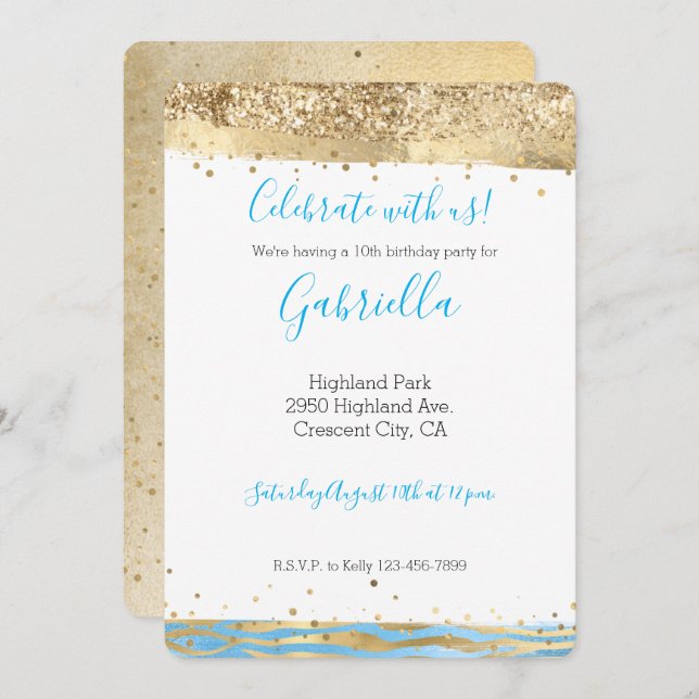 Djurutskrift av konfetti från Aqua Blue Guld Glitt Inbjudningar (Fram/baksida)