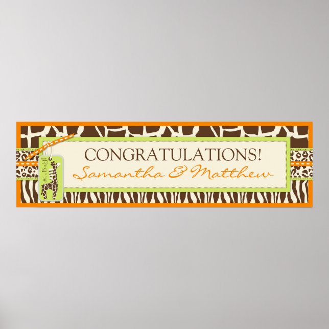 Djurutskrift Safari och Giraffe Baby Shower Banner Poster (Framsidan)
